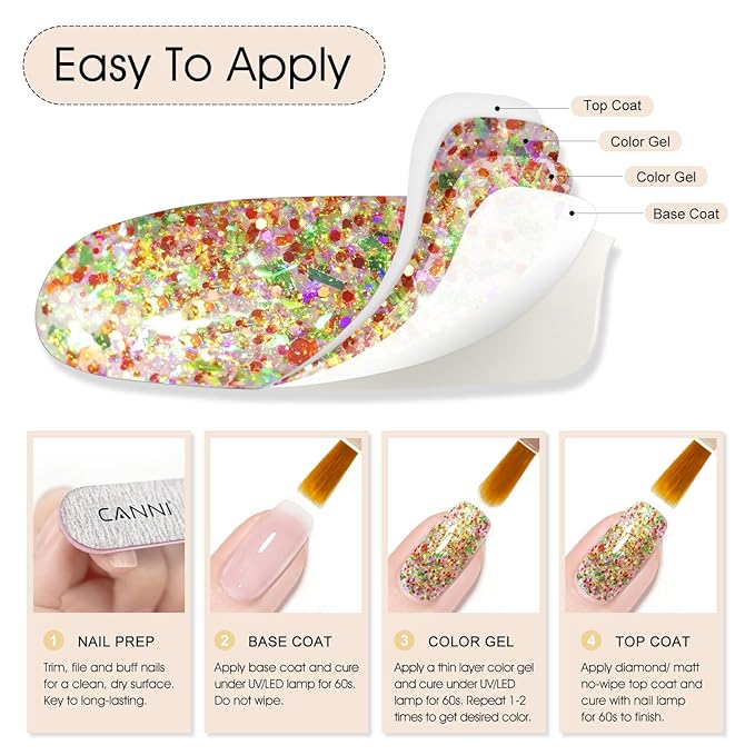 CANNI Gel Polish Glitter Gel Nail Polish Set, 8 Colors Shimmery Prism Flash Red Green Purple Fine Glitter Gel Polish U V LED Soak Off Manicure Kit Gift for Women Girls