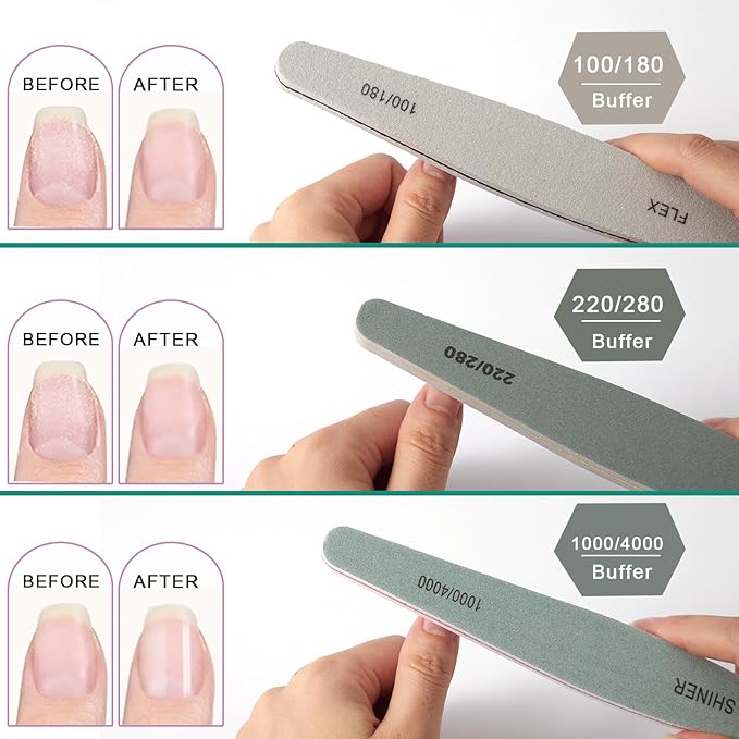 10 Pieces Nail Files and Buffers, Nail Files for Natural Nails, Emery Boards for Nails with Nail Shape Guide(Square, Almond, Oval), Nail Buffer Block 100/180 Grit Finger Nail File Set