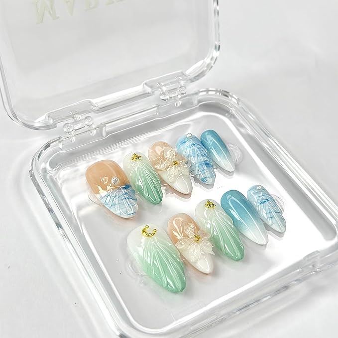 Luxury Press on Nails Medium Almond French Tip Handmade 3D Unique Reusable ABS Material Fake Nails Blue False Nails with Designs Pearls Floral Art Petal Glossy Glue on Nails Thick Acrylic Nails(S)