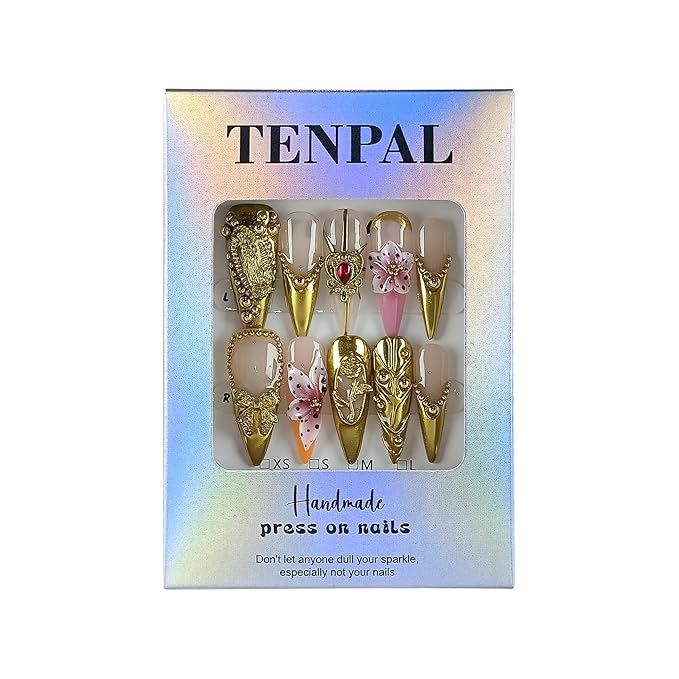 Long Stiletto Press on Nails - Gold Baroque with 3D Rose & Saint Charms | Reusable & Icy False Nails | Royal Gala Style for Grand Events(S)