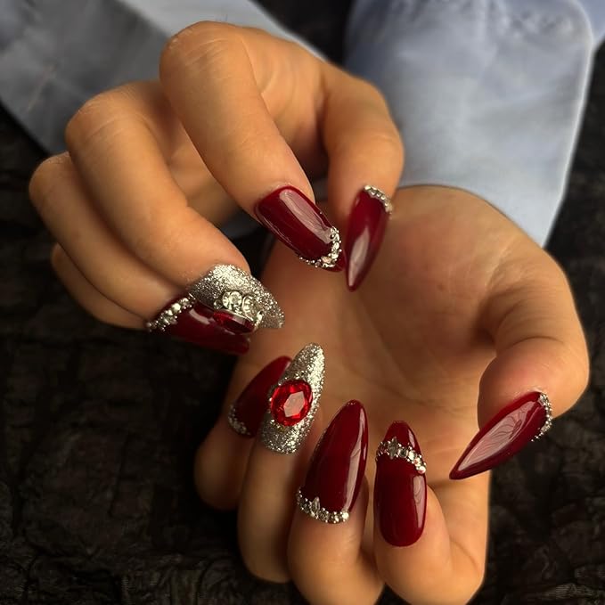 Handmade Press On Nails Medium Almond Shape,10Pcs Red Rhine stone Acrylic Fake Nails,Glue On Nail with 3D Charms for Woman Daily Wear&Wedding（Design Concept:Forever Love）