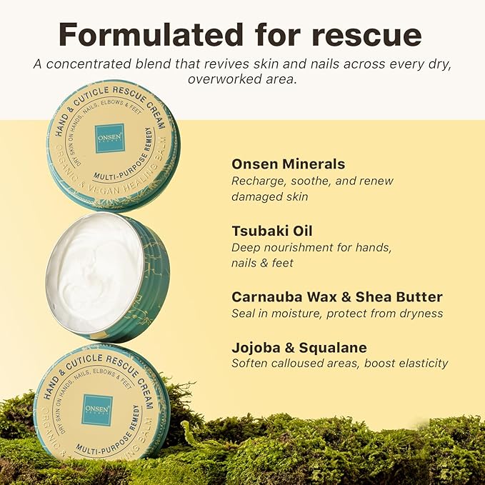 Onsen Hand & Cuticle Rescue Cream | Organic Nail Strengthener & Balm | Dry, Cracked Hands, Elbows & Feet | Shea Butter, Tsubaki & Jojoba Oil | Nail Repair & Growth, Vegan – 1 Pack (0.88 oz)