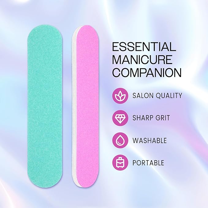 25pcs - PANA Mini Double-Sided Emery Nail File for Manicure, Pedicure, Natural, and Acrylic Nails - Pink/Teal (Grit 100/100)