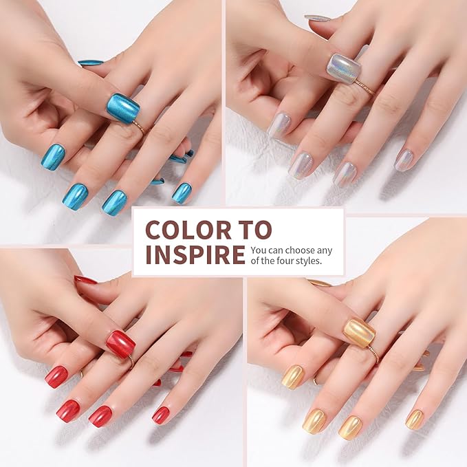 Red Press on Nails Short Square, Chrome Press on Nails, Fashion Gel Fake Nails, Reusable Acrylic Fake Nails, Glossy Stick on Nails, Thick Reusable Glue On Nails for Women, 24Pcs