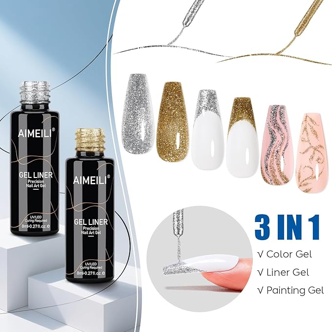 AIMEILI Nail Art Liner Gel Polish, Hema Free, Cruelty Free, Vegan, Silver Bronze Gold Nail Paint Build in Thin Brush for Swirl French Tips Manicure DIY