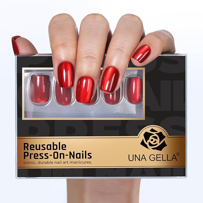 UNA GELLA 32Pcs Soft Gel Press on Nails - 16 Sizes Red Cat Eye Short Square Glue on Nails, Reusable Glitter Velvet Red False Nails, Full Cover Acrylic Nail Kit for Women DIY Home Manicure
