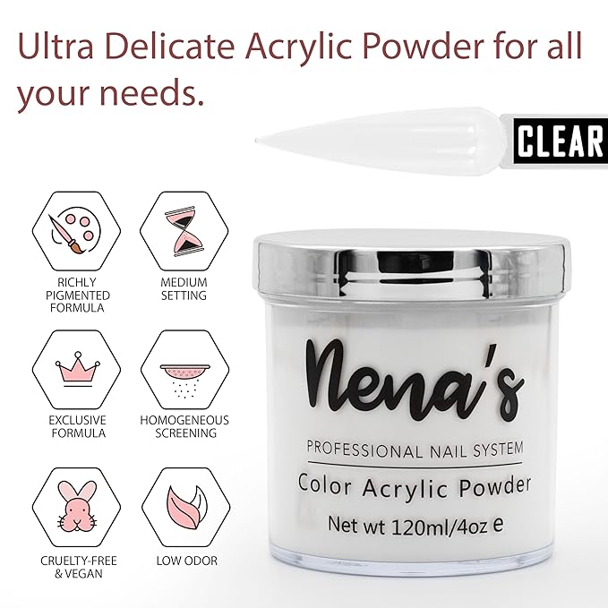 Nena's Superior Sculpting Powder Professional Acrylic Nail System wide color palette 4.0 oz (Clear)
