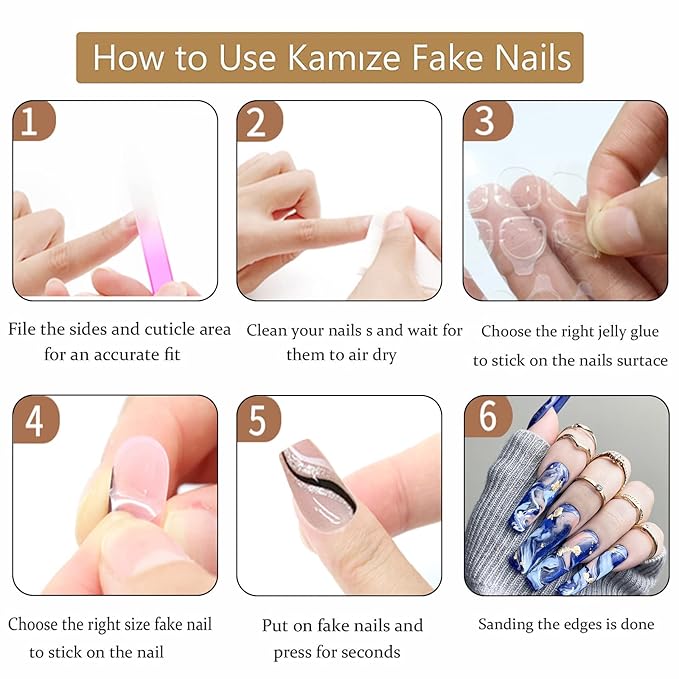 24 Pcs Long Press on Nails Coffin Fake Nails Press on Reusable Gel Stick on Nails for Women Glossy Acrylic False Nails Artificial Jelly Nails Blue Golden Smoke Lrregular Stripes