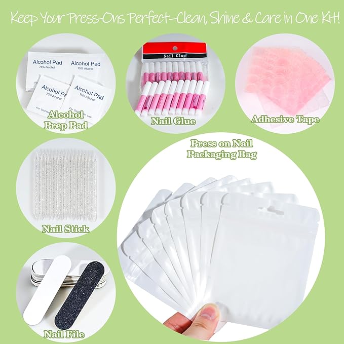 Press On Nail Tool Kit with Everything, Bebbtiy Nail Prep Tool Disposable Manicure Kit with Nail File, Nail Glue, Prep Pads, Adhesive Nail Tabs,Wood Stick, Packaging Bag (20pcs-white)
