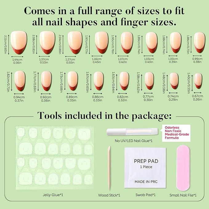 Luxbon Short Press On Nails Almond Durable with No-Cure Nail Glue and Tool Kit – Durable Press On Nails French Manicure Soft Gel Tips 25-30pcs Full Size Set, Reusable Fake Nails for Women, Red