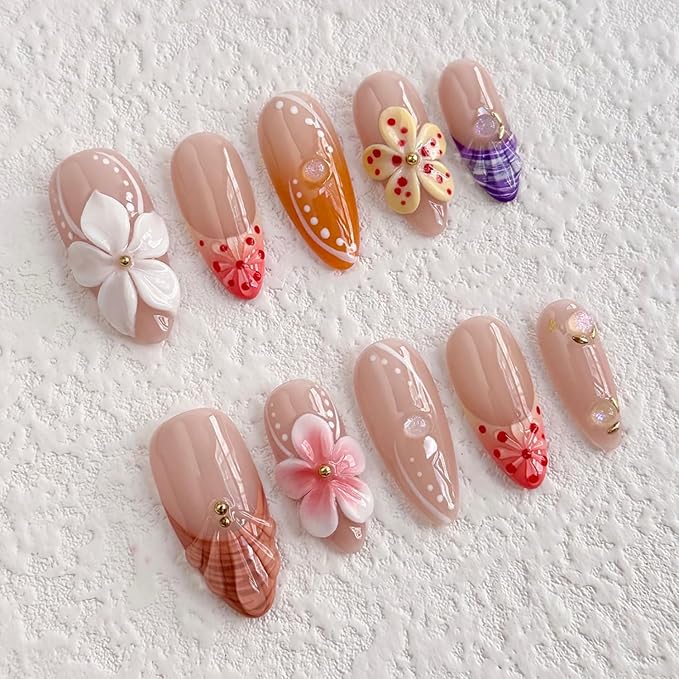 Luxury Press on Nails Medium Almond Handmade 3D Unique Reusable ABS Material Fake Nails French Tip False Nails with Designs Pink White Flower Art Petal Glossy Glue on Nails Thick Acrylic Nails(S)
