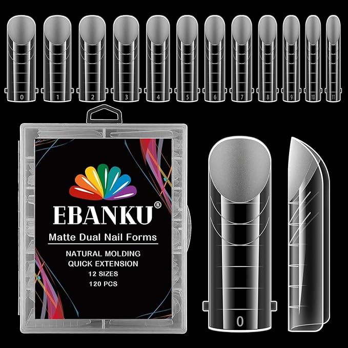 EBANKU 120Pcs Matte Dual Nail Forms, Clear Poly Gel Nail Molds Square Full Cover Coffin Nail Tips Extension Forms 12 Sizes for Gel Manicure Nail Art Design Salon&DIY