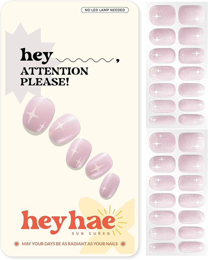 Heyhae Semi Cured Gel Nail Strips | No LED Lamp Needed | Glitter, Pink | Easy Apply & Remove, Salon Quality | Includes 28 Strips, 1 Prep Pads, Nail File & Wooden Stick - Hey, Attention Please!