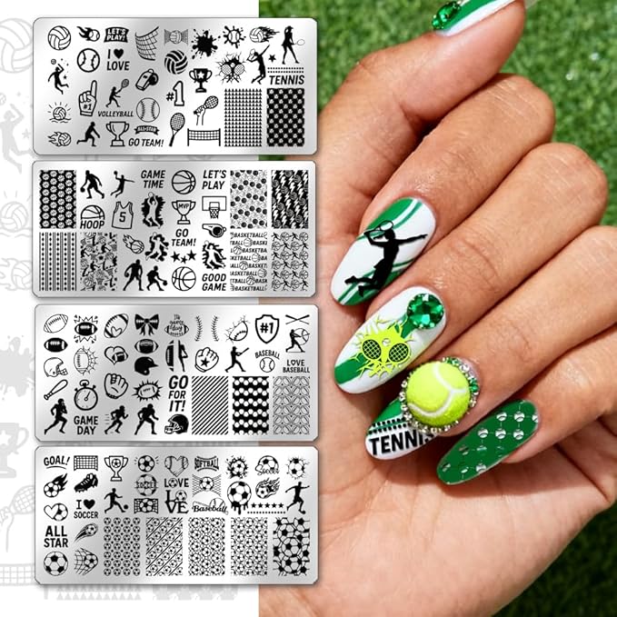 PH PandaHall 4pcs Sports Theme Nail Stamping Plates Volleyball Basketball Nail Art Templates Football Tennis Nails Arts Stencils Sports Events Nails Image Plates for Women Fingers Manicure Designs
