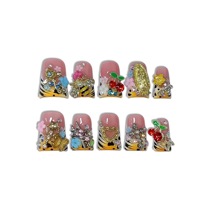 Short Duckbill Press on Nails,Pale Yellow French Tip Fake Nails with 3D Bee & Fairy Charms,Glossy 10PCS Halloween Glue on Duck Nails Kit,Glitter Icy Cottagecore Y2K False Nails for Women(M)