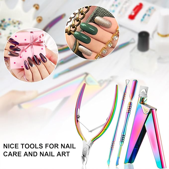 Mudder Acrylic Nail Clippers Kit False Nails Tips Cutter Professional Cuticle Trimmer Nipper Cutter Pusher Remover Stainless Steel Manicure Pedicure Art Tools Set Salon Home(Rainbow Color)