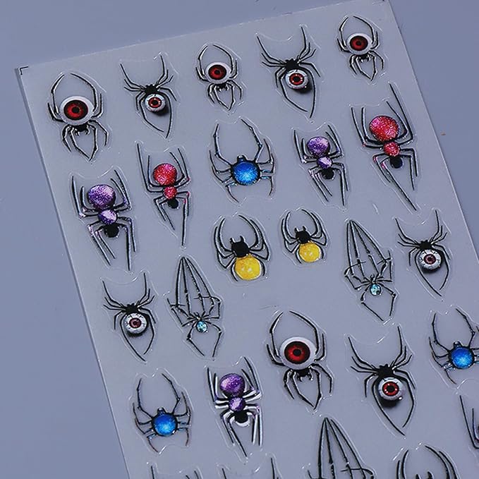 Halloween Spider Nail Stickers, Embossed Horror Eyeball 5D Self-Adhesive Nail Art Decals for DIY Colorful Spider Manicure (2 Sheets)