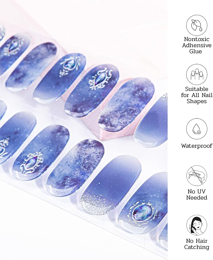Nail Polish Strips (No UV Lamp Needed) - 22 Pcs Salon Quality Gel Nail Stickers - Long Lasting Wraps (Mystery of The Deep Blue)