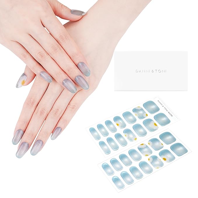 DANNI & TONI Semi Cured Gel Nail Strips Ocean Blue (Verdant Whisper) Magnetic Silver Cat Eye Gel Nail Wraps Flowers 28 Stickers