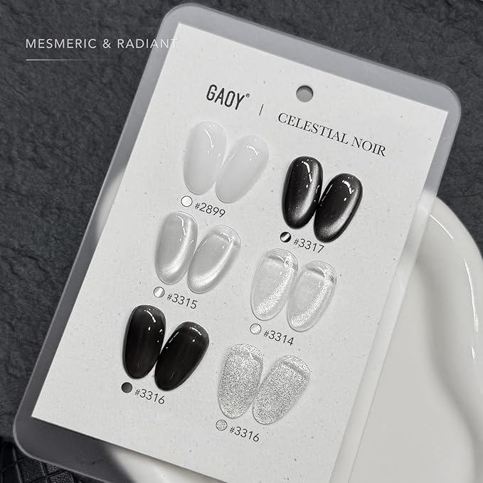 GAOY Black and White Gel Polish Set, Sliver Cat Eye, Opal White, Jelly Black Glitter Reflective Gel, Magnetic Holographic DIY Nail Art