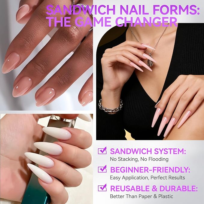 Gelike EC Nail Forms for Builder Gel: Reusable Almond Sandwich Dual Forms for Acrylic & Polygel - 240Pcs 15 Sizes, Nail mold for Flat & Arched Nails - Creates Short to Long Styles