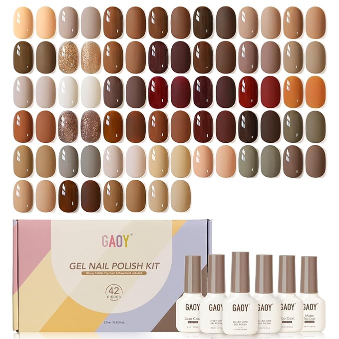 GAOY 42 Pcs Gel Nail Polish Kit, Fall Brown Red Glitter Colors Gel Nail Polish Set with Glossy & Matte Top Coat and Base Coat for Salon and DIY Manicure at Home