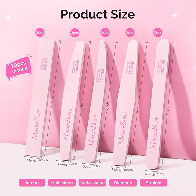 MelodySusie Nail File Kit, 10Pcs Double Sided 100/180 Grit Mixed-Shapee Emery Boards for Nails, Professional Manicure Pedicure Supplies for Home and Salon Use, Pink