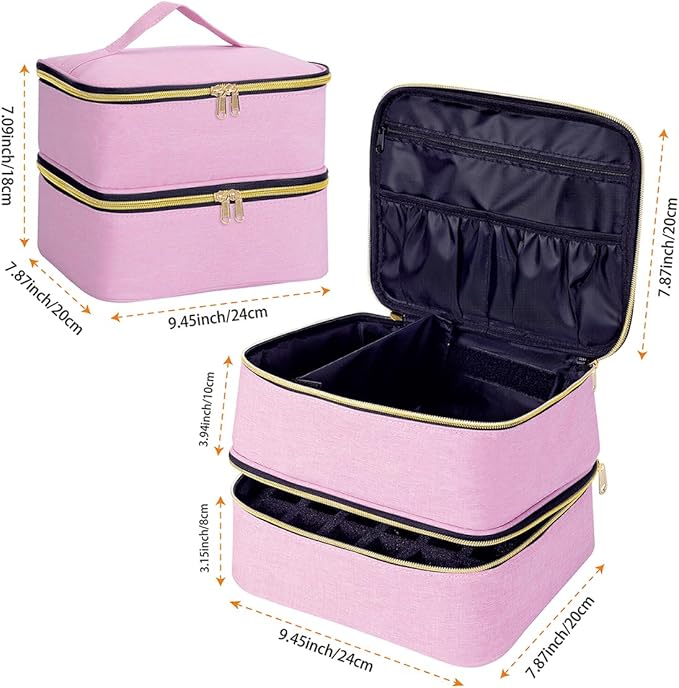 Nail Polish Organizer, Handheld Double Layer Organizer Holds 30 Bottles (15 ml/0.5 floz) with Adjustable Dividers for Nail Polish Small Manicure Lamp Manicure Tools Essential and Travel,Pink Gold