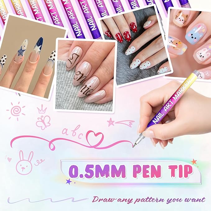 Nail Art Markers, Nail Art Pens for Painting Nails, 12 Colors Nail Art Pens Set with 0.5mm Fine Tip, Quick-Drying Nail Art Marker Pen for DIY Designs, Waterproof Nail Art Pen Kit for Home Salon Use