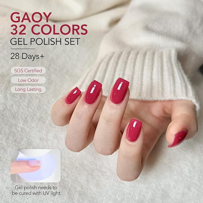 GAOY 36 Pcs Gel Nail Polish Set, 32 Colors All Season Gel Polish Kit Red Pink Purple Green Blue with 4 Pcs Soak off Base Glossy Matte Top Coat & Builder for Nail Art DIY Manicure at Home