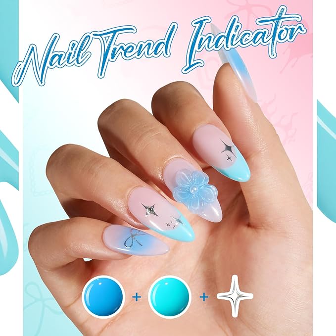 modelones Gel Nail Polish Kit White French Jelly Pink Winter Blue Ocean Gel Polish Set with 10 Pcs Nails Sponge for Ombre & Stickers, 4 Colors Gel Mini Salon Home DIY Trend Manicure Gift for Women