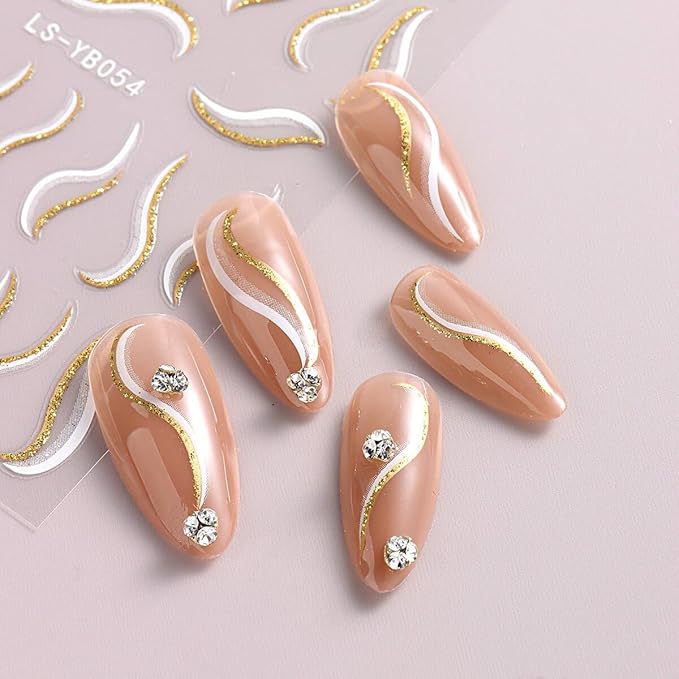 Eseres French Tip Nail Art Stickers Waves Lines Nail Decals 3D French Pattern Glitter Nail Art Design Stripe Nail Stickers 9Pcs French Nail Stickers Stripe Line Nail Decals