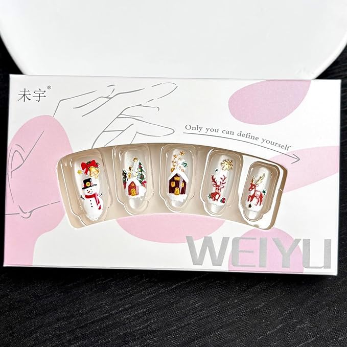 30Pcs Christmas Press on Nails Medium Almond Fake Nails Xmas Snowman False Nails with Gold Designs White Glossy on Nails Elk House Stick on Nail Full Cover Acrylic Nail for Women Manicure
