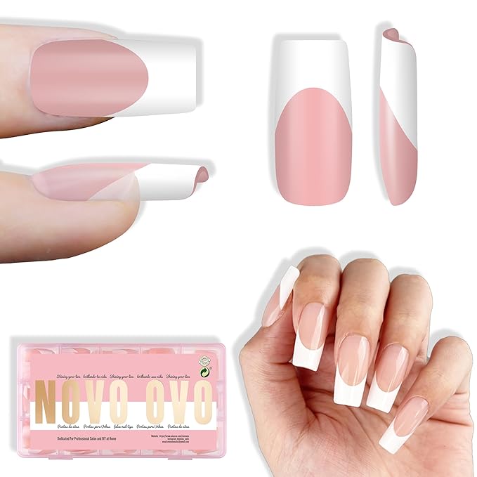 NOVO OVO White French Tip Medium Square Nail Tips Press on BABY PINK, Extra Thick Soft Gel Fake Nail Acrylic Extension, Need Builder Gel Top Coat, No Glue Included, for Salon DIY 15 Sizes x 240 pcs