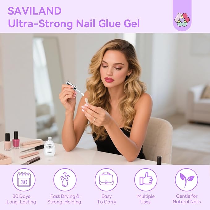 SAVILAND Advanced 6-in-1 Gel Nail Glue: 15 ML Strong Adhesive Nail Glue Gel 30-Day Lasting for Halloween Press on Nails Tips DIY Home Use