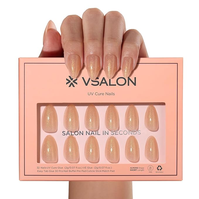 VSALON Press On Nails Short Almond, Light Apricot Gold Glitter Shimmer Sparkle Nails, Salon Quality Fake Nails Kit - 32 PCS Stick on Nails in 16 Sizes with UV Glue & Cuticle Oil