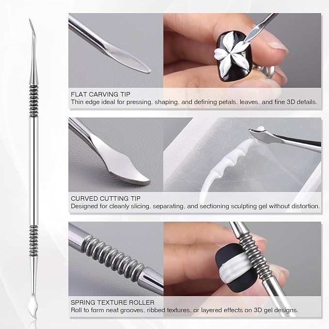 3D Nail Art Sculpting Tools Set, 3 Pack Dual-Head Carving Pens with 2 Silicone Finger Sleeves for Acrylic Gel Flowers Design, DIY Manicure Professional Salon Supplies for Nail Techs