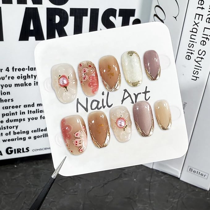 Pink Flower Press on Nails Luxury 3D Pearl Embossed Designs Muti-Layer Gel False Nails Full Cover Short Almond Acrylic Nails Handmade Press on Nails French Tip Stick on Nails for Women (Size M)