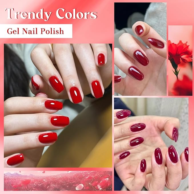 MEET ACROSS 12pcs Gel Nail Polish Set,Soak Off UV LED Lamp Gel Nail Polish Kit,Fashion Shimmer Nail Art Design Gifts for Women Manicure Salon (Red-1)