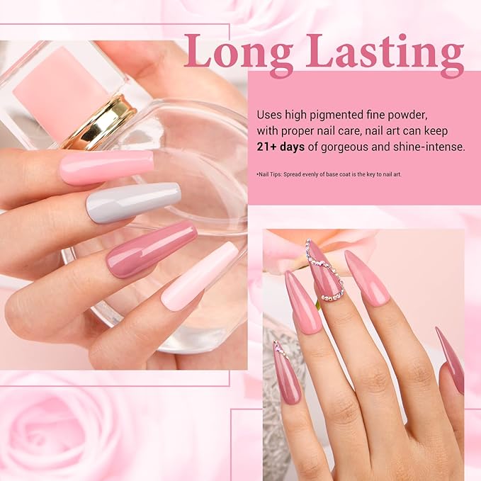 AZUREBEAUTY Dip Powder Nail Kit, 4 Colors Gentle Nude Pink Gary Neutral Dipping Powder System Liquid Set Recycling Tray with Base & Top Coat Activator for French Nail Art Manicure Salon DIY at Home