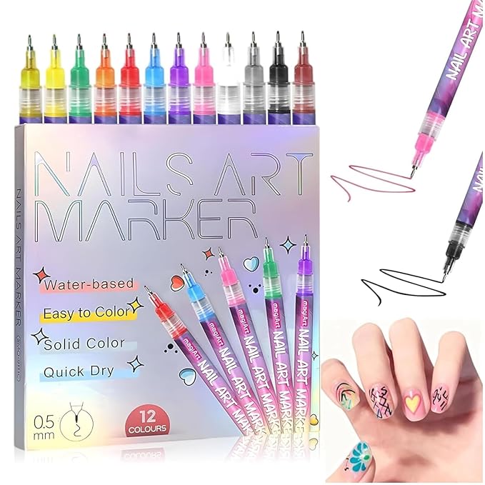 12 Color Nail Art Pens, 0.5 MM Nail Polish Pens Set Drawing Painting Point Liner Acrylic Painted Pen Kit,Professional Nail Art Tools, Manicure Set Gift for Adults Beginners (12 Color 1 Set)