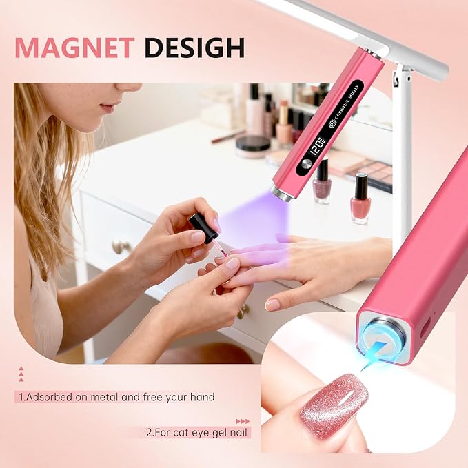 Handheld UV Light for Gel Nails, 3 in 1 Cordless UV Nail Lamp, Cat Eye Magnet & Nail Stamp Nail Light, Rechargeable Nail Dryer, LED Display Flash Cure Lamp, Women Red