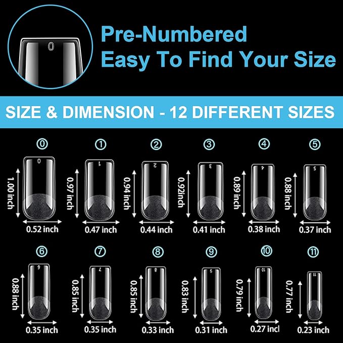 BlueZOO Medium Square Gel Nail Tips 600Pcs 12 Sizes Kit, Tapered Pre-etching Square Press On Nails for Extension Manicure Easy DIY Art Home Salon Supplies Full Cover Half Matte Acrylic Nails Tip Women