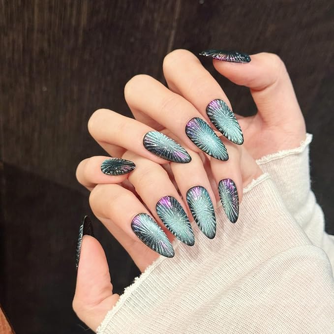 Handmade Press on Nails Popular Almond Shape with Ice Blue Cat Eye and Crushed Ice Design Handmade Stiletto Press on Nails 3D Cat Eye Press on Nail（M）