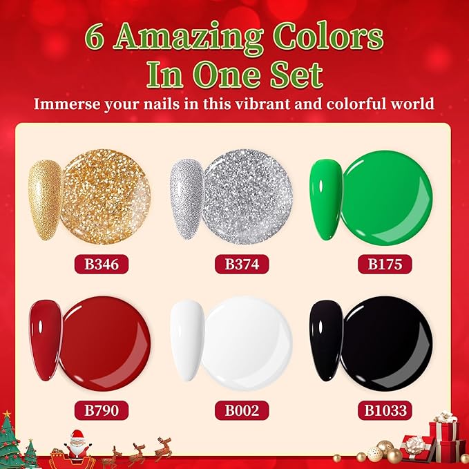 Poly Nail Gel Kit by BQAN - 6 Colors | Professional Nail Extension Gel | 15ml Each Low Odor Formula for DIY Nails | 28-Day Wear Christmas Red Black Gold Gitter