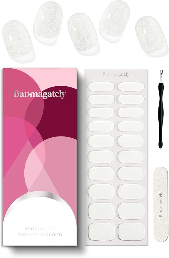 Semi Cured Gel Nail Strips, 20Pcs Long Lasting Salon Quality Wraps, Easy Apply & Remove Gel Nail Stickers with UV Light (Pearls Shimmering White)