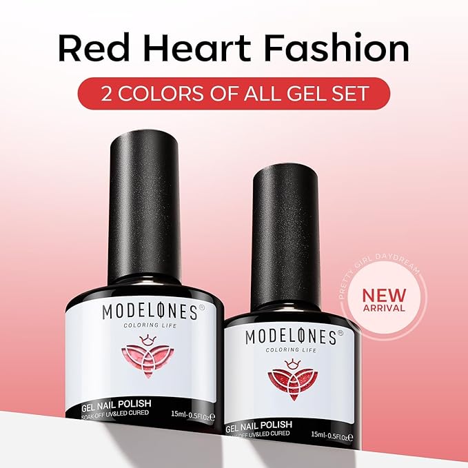 modelones Valentines Gel Nail Polish, 2 Pcs 15 ML Pink Red Gel Polish Hot Pink Red Love-heart Glitter Gel Polish Shimmer Spring Soak Off LED Nail Art DIY Gift For Women Girl