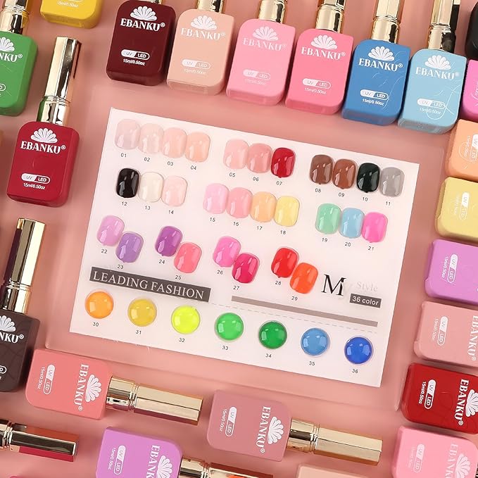EBANKU 36Colors 0.5Oz Gel Nail Polish Set Same Color Same Bottle Soak Off Gel Polish Kit with 3PCS Functional Glue Nail Art Manicure Salon DIY at Home for Women