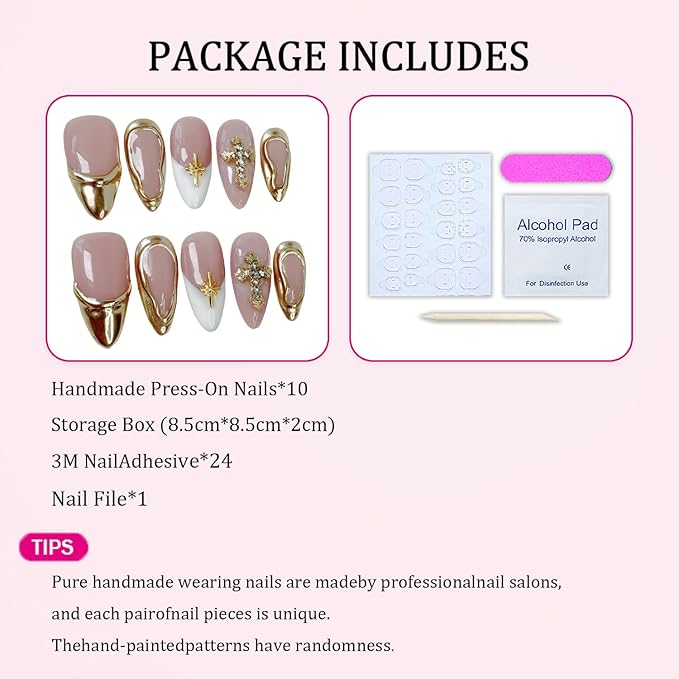 Handmade Press on Nails Golden French Tip Medium Almond False Nails Luxury 3D Metallic Rhinestones Design Muti-Layer Gel Thickened Acrylic Nail Full Cover Stick on Nails for Women (S)