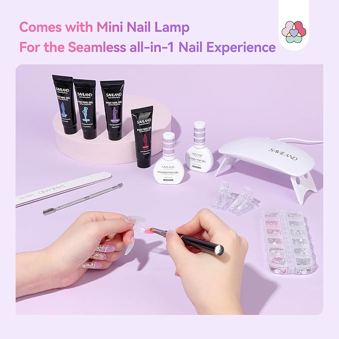 SAVILAND Hema-Free Poly Gel Nail Kit: 36 Poly Gel Nail Colors with Slip Solution Mini U V Lamp Curing Light All-in-1 Starter Kit Manicure Set Supplies Tools for Quick Extension Home Salon DIY